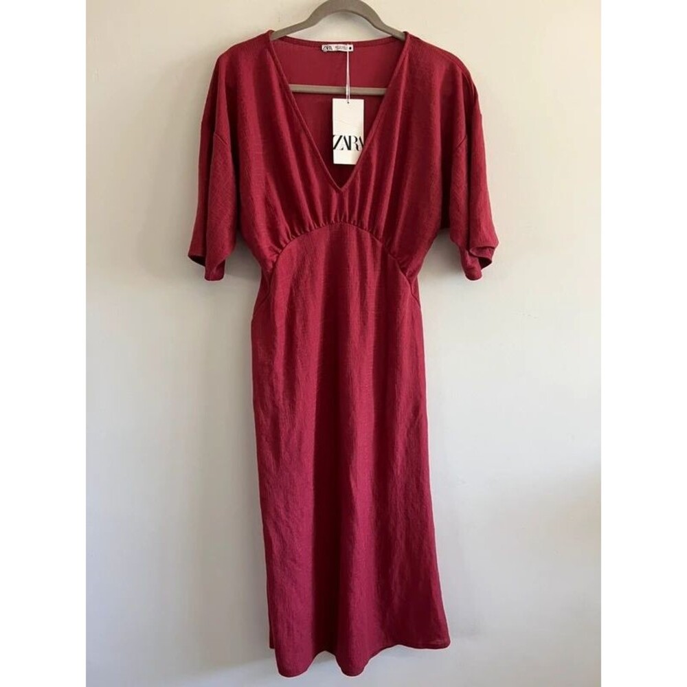 ZARA Dark Pink V-Neck Rustic Dress - S